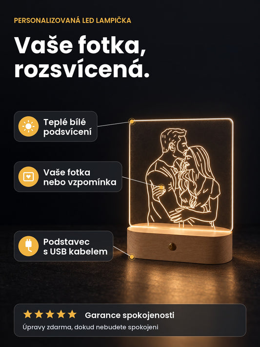 Personalizovaná LED lampička Lumao: teplé bílé podsvícení, vaše fotka nebo vzpomínka, podstavec s USB kabelem